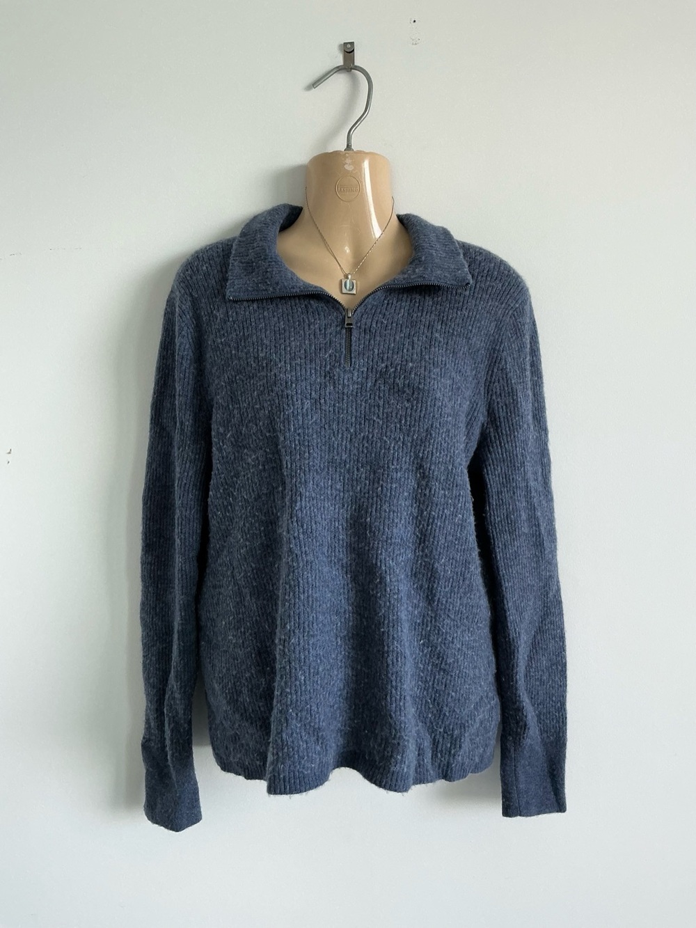 100% fine merino wool dusty blue BR quarter zip collar sweater
